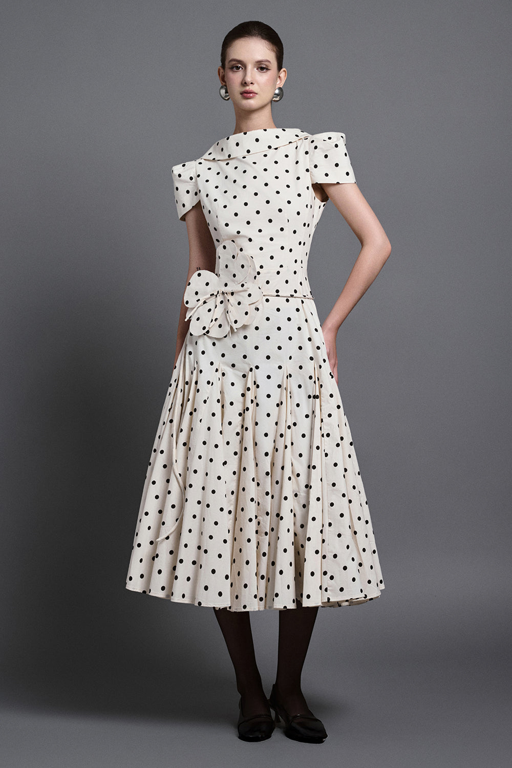 Women's Tess A-line Boat Neck Polycotton Midi Dress XS/S/M/L/XL/Customize  Ivory White Polka Dots MEAN BLVD