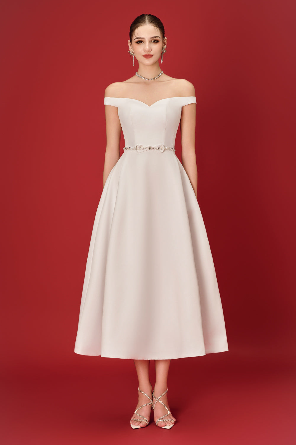Women's Lavina A-line Off-Shoulder Taffeta Midi Dress S/M/L/Customize White Cream MEAN BLVD Women's Lavina A-line Off-Shoulder Taffeta Midi Dress S/M/L/Customize White Cream MEAN BLVD