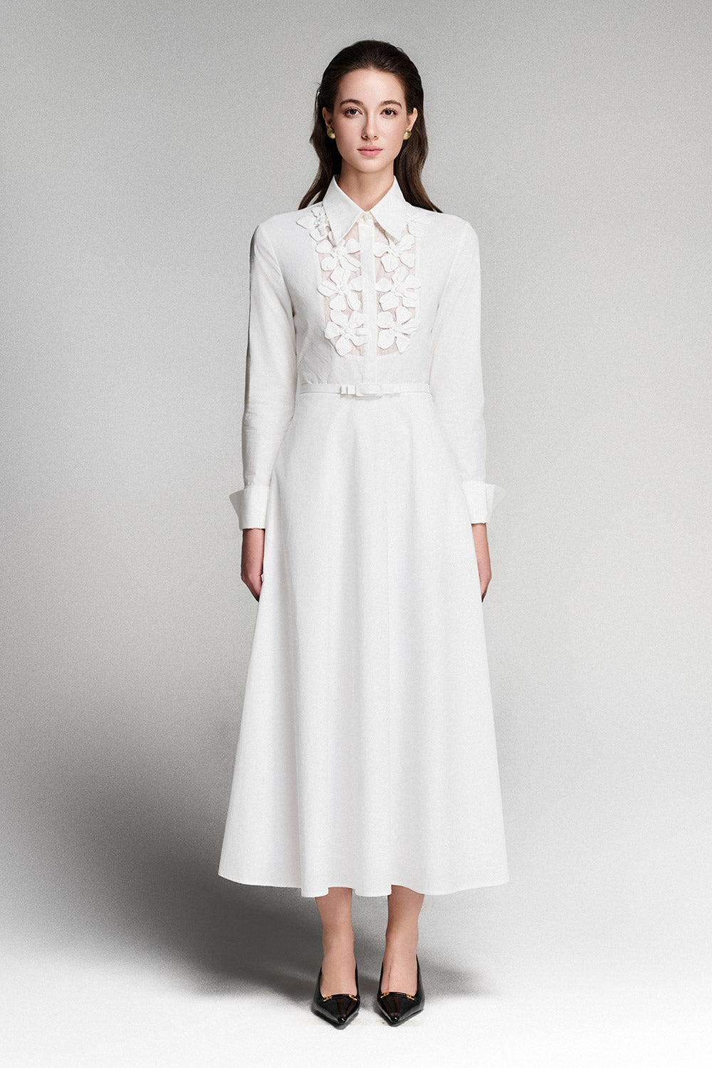 Women's Ivory A-line Flower Applique Cotton Midi Dress S/M/L Ivory MEAN BLVD