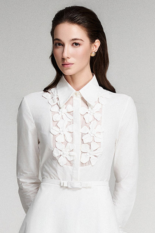 Ivory A-line Flower Applique Cotton Midi Dress