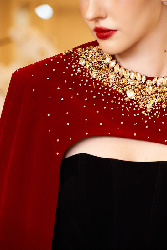 Kallie Sheath Cape Sleeved Velvet Floor Length Set