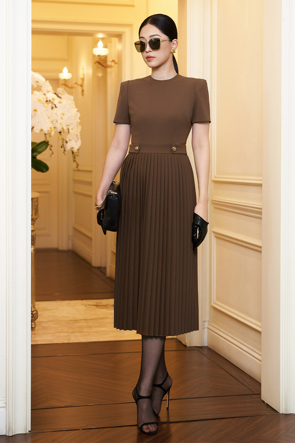Women's Gabriella Pleated Round Neck Punto Midi Dress S/M/L/XL/Customize Bordeaux/Dark Grey/Dark Brown Mean Blvd XL / Dark Grey
