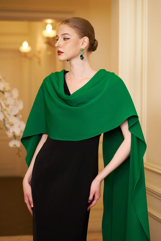 Autumn Cape V-Neck Crepe Floor Length Dress