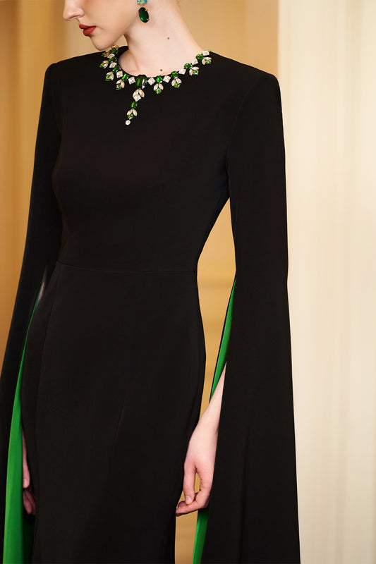 Eleanor Trumpet Hanging Sleeved Silk Crepe Floor Length Dress