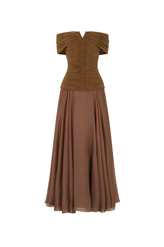 Echo A-line Off-Shoulder Silk Organza Ankle Length Dress