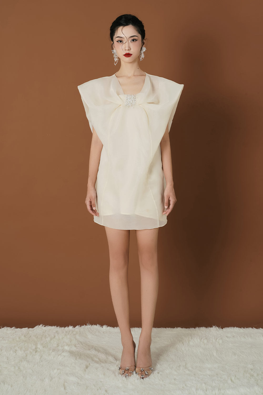 Women's Jacin V-Line Cap Sleeved Organza Mini Dress S/M/L/Customize Cream/Black/Brown Mean Blvd Cream / L