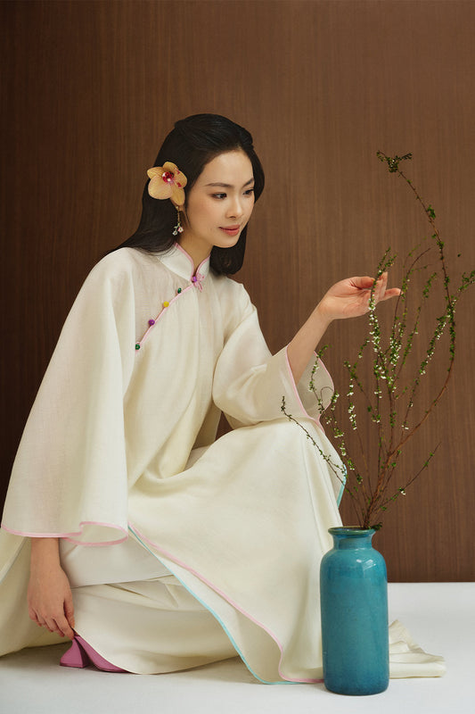 Thanh Tieu Straight Mandarin Collar Silk Calf Length Ao Dai