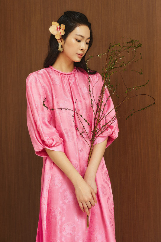 Giai Ky Straight Puffy Sleeved Silk Calf Length Ao Dai