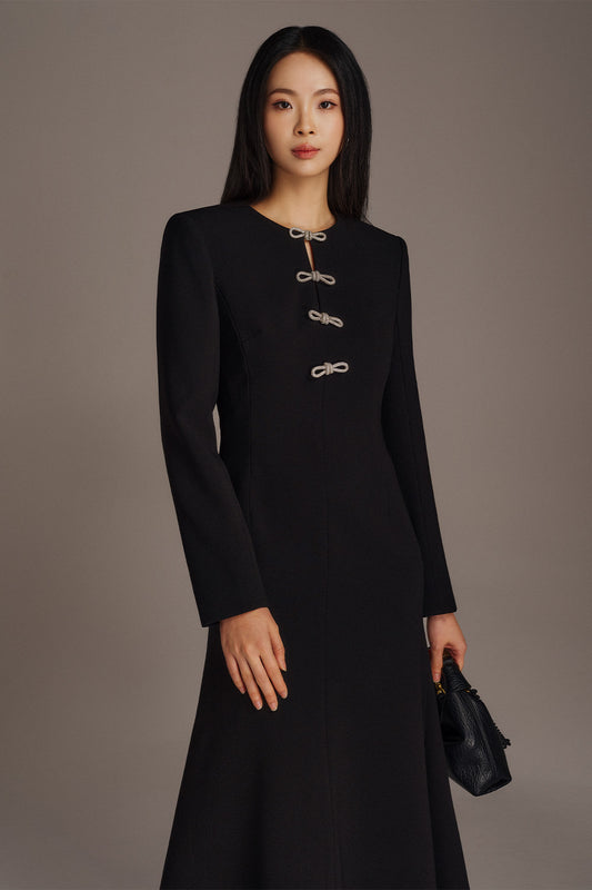 Mirea Trumpet Henley Neck Twill Calf Length Dress