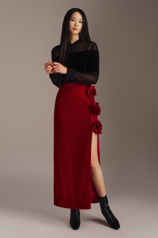 Lyra Asymmetric Side Slit Velvet Ankle Length Skirt