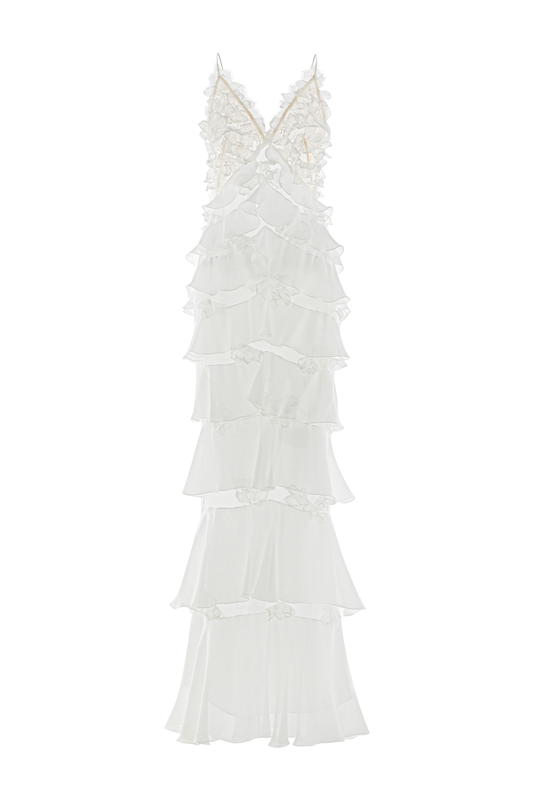 Alejandra Straight Ruffle Layer Crochet Maxi Dress