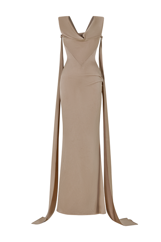 La Divinità Trumpet Extended Flap Silk Maxi Dress