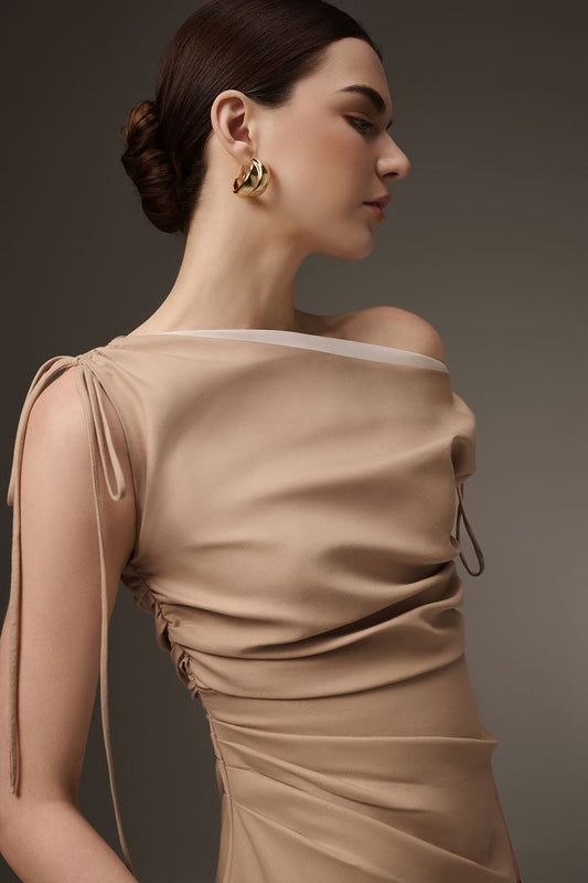 Linea A-line Asymmetric Neck Khaki Calf Length Dress