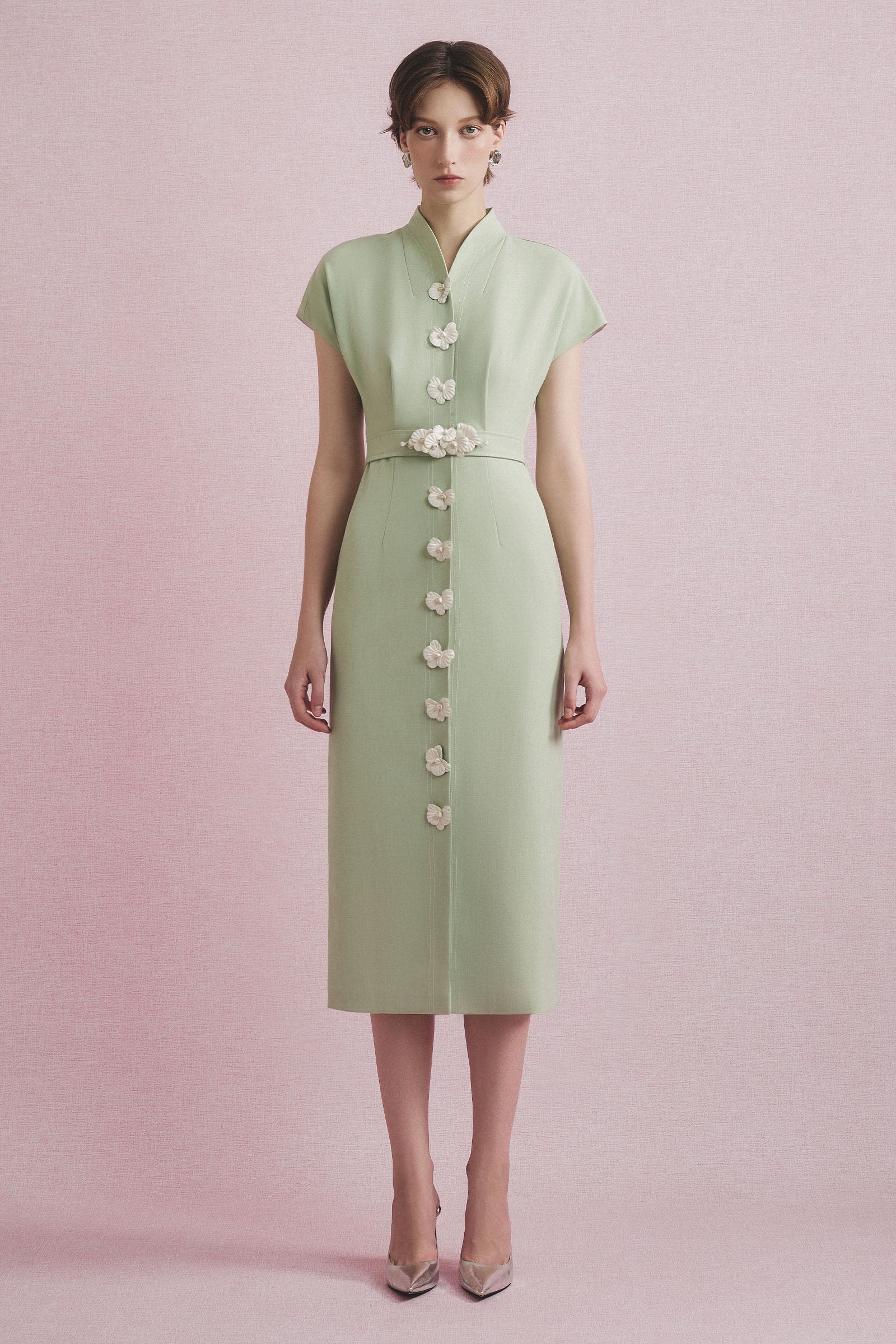 Women's Lealin Mandarin Midi Dress Pale Olive Green S/M/L/Customize MEAN BLVD Women's Lealin Mandarin Midi Dress Pale Olive Green S/M/L/Customize MEAN BLVD