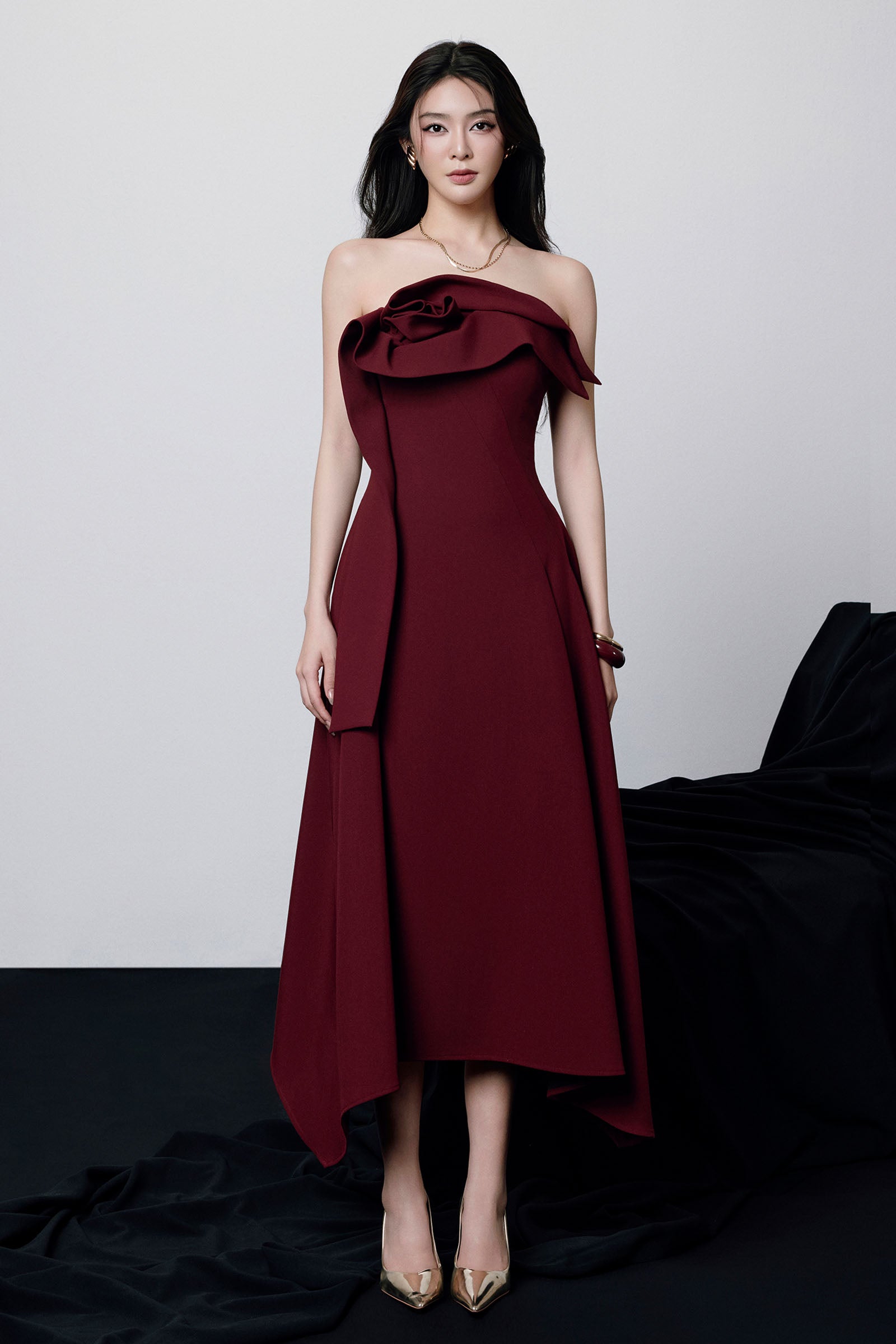 fitted lace wedding dress Women's Lenora Straight Across Ruffle Midi Dress XS/S/M/L/XL/Customize Wine  Red MEAN BLVD