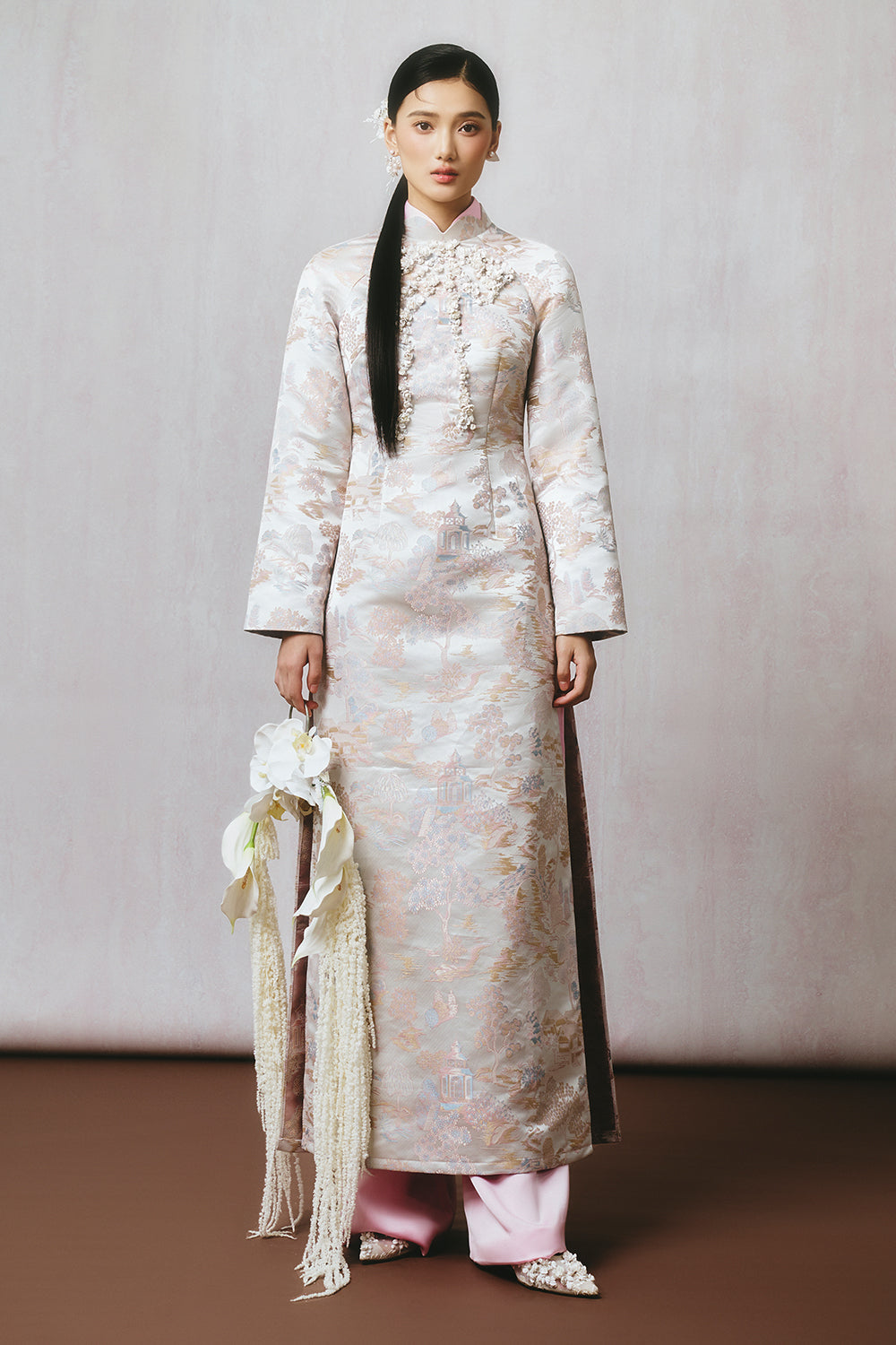 traditional chinese dress long sleeve Women's Lien Ho Mandarin Bead Ao Dai S/M/L/Customize Heavenly Pink MEAN BLVD