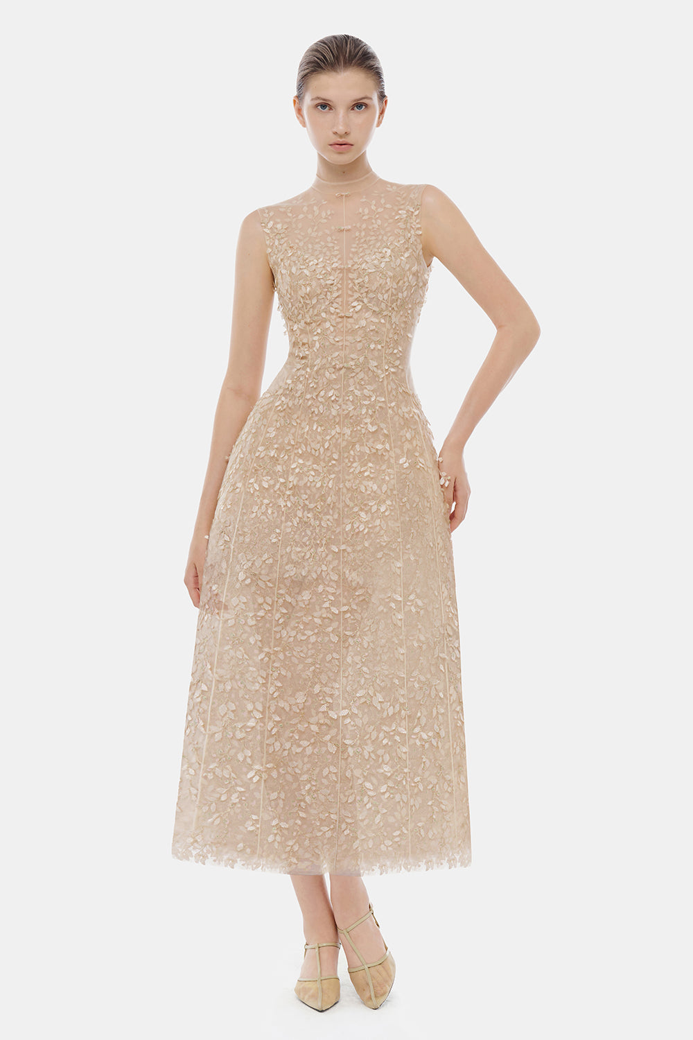 Women's Linnea High Neck Embroidery Midi Dress XS/S/M/L/XL Beige MEAN BLVD