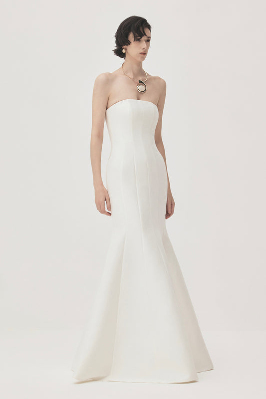 Tram Trumpet Straight Across Neck Taffeta Maxi Dress