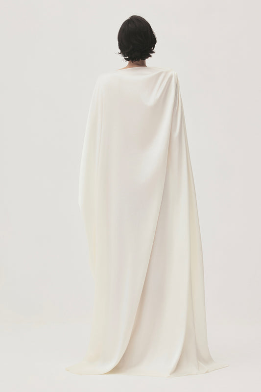 Quyen Trapezoid Boat Neck Satin Maxi Dress