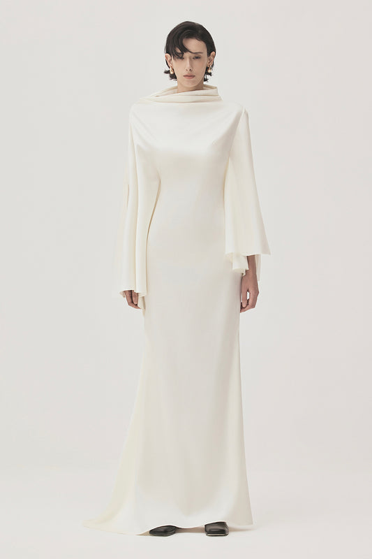 Van Chau Straight Slit Sleeved Satin Maxi Dress