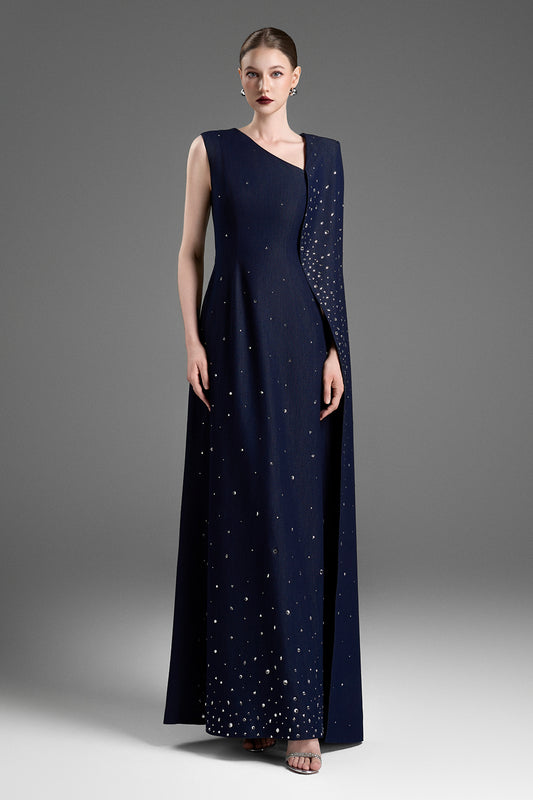 Lucia Asymmetric Neck Rhinestones Maxi Dress - MEAN BLVD