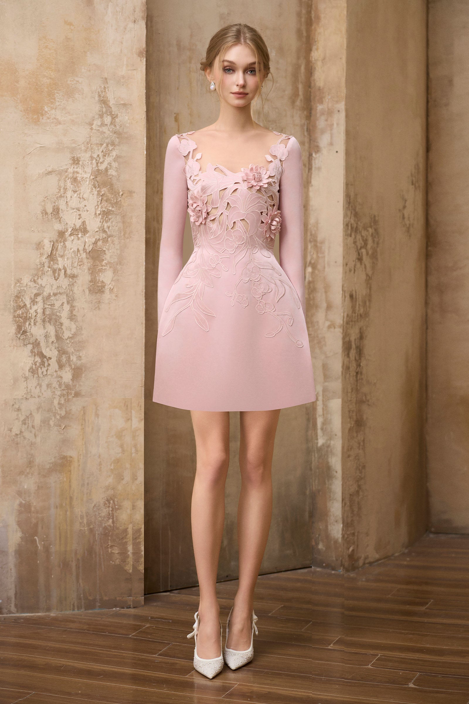 Lucienne Applique Mini Dress - Pastel Pink / Customize Lucienne Applique Mini Dress - Pastel Pink / Customize