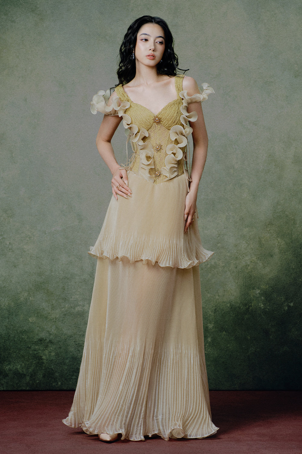 Women's Lyrical Rufle Maxi Dress Golden Glow XS/S/M/L/XL/Customize MEAN BLVD