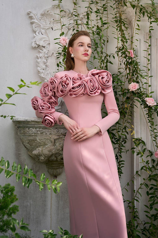 Laurel Sheath Flower Applique Silk Crepe Floor Length Dress