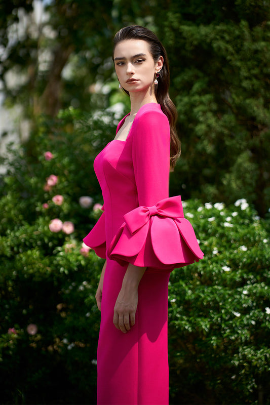 Maisie Sheath Flute Sleeved Crepe Floor Length Dress