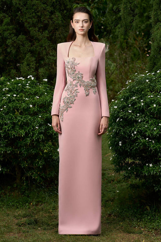 Cheyenne Sheath Queen Anne Neck Crepe Floor Length Dress