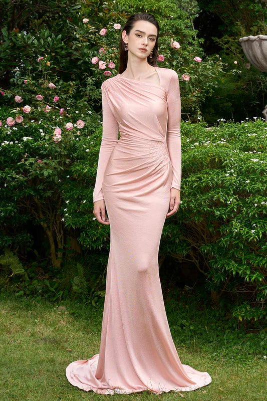 Alaina Mermaid Diagonal Neck Jersey Extra Long Length Dress