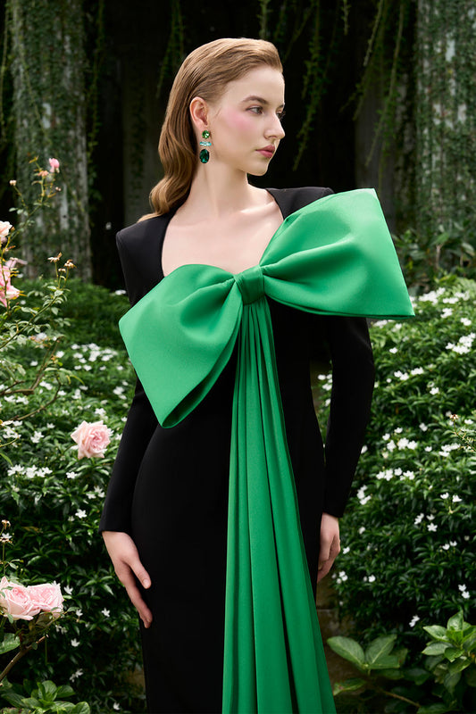 Khloe Sheath Bow Silk Crepe Floor Length Dress
