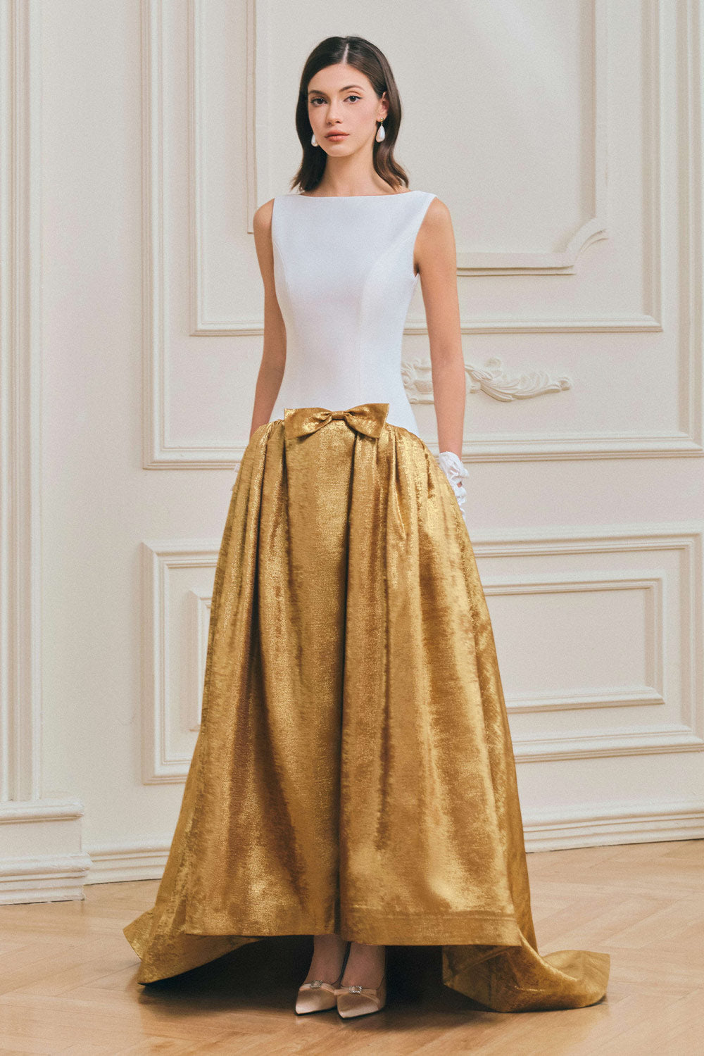 Women's Riley Drop Waist Bateau Neck Taffeta Silk Maxi Dress XS/S/M/L/XL/XXL/Customize White&Gold Mean Blvd White&Gold / S Women's Riley Drop Waist Bateau Neck Taffeta Silk Maxi Dress XS/S/M/L/XL/XXL/Customize White&Gold Mean Blvd White&Gold / S