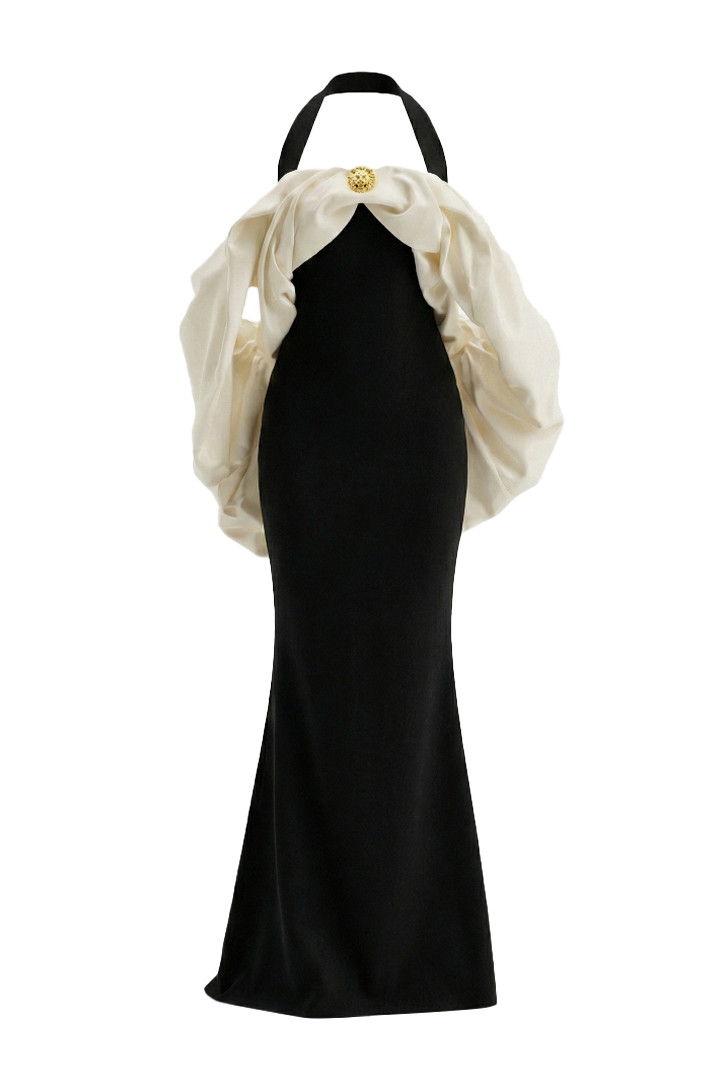 Women's Divora Halter Draped Maxi Dress XS/S/M/L/XL/XXL Black & Cream White MEAN BLVD Black & Cream White / XS Women's Divora Halter Draped Maxi Dress XS/S/M/L/XL/XXL Black & Cream White MEAN BLVD Black & Cream White / XS