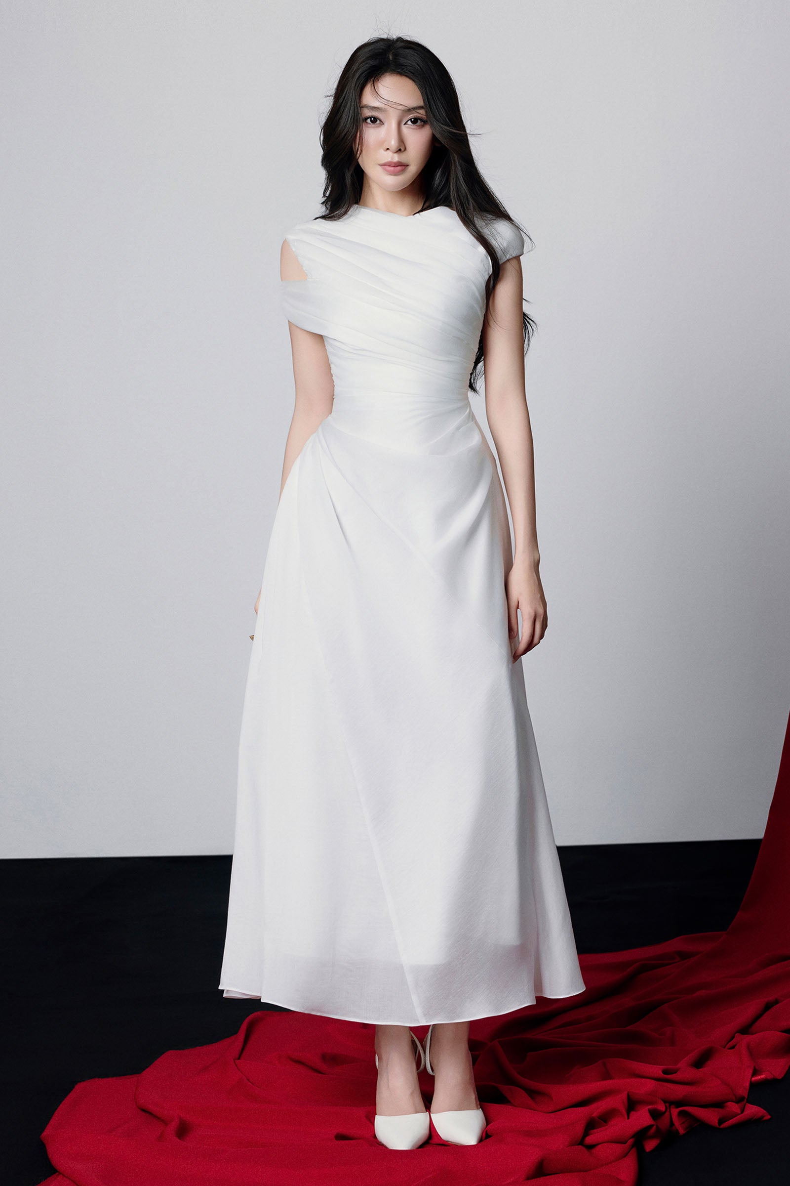 Women's Maia Asymmetric Sleeve Draped Midi Dress XS/S/M/L/XL/Customize White MEAN BLVD Women's Maia Asymmetric Sleeve Draped Midi Dress XS/S/M/L/XL/Customize White MEAN BLVD