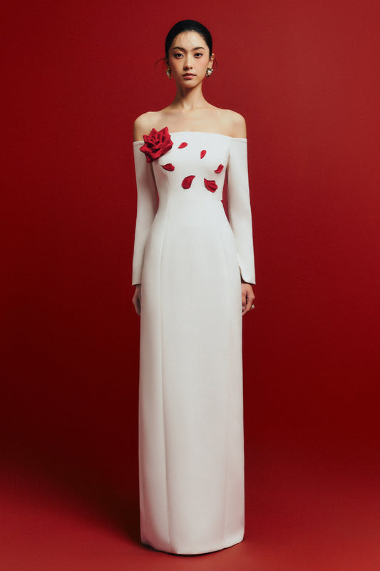 Deep Roses Sheath Flower Applique Twill Floor Length Dress