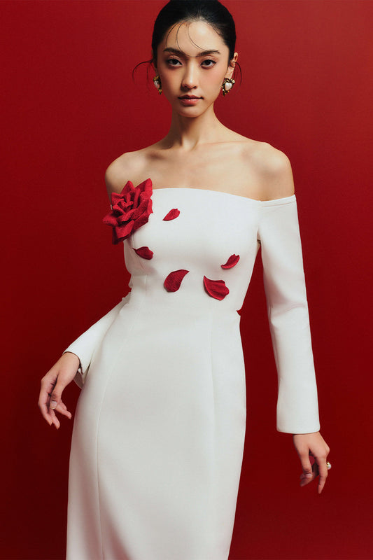 Deep Roses Sheath Flower Applique Twill Floor Length Dress