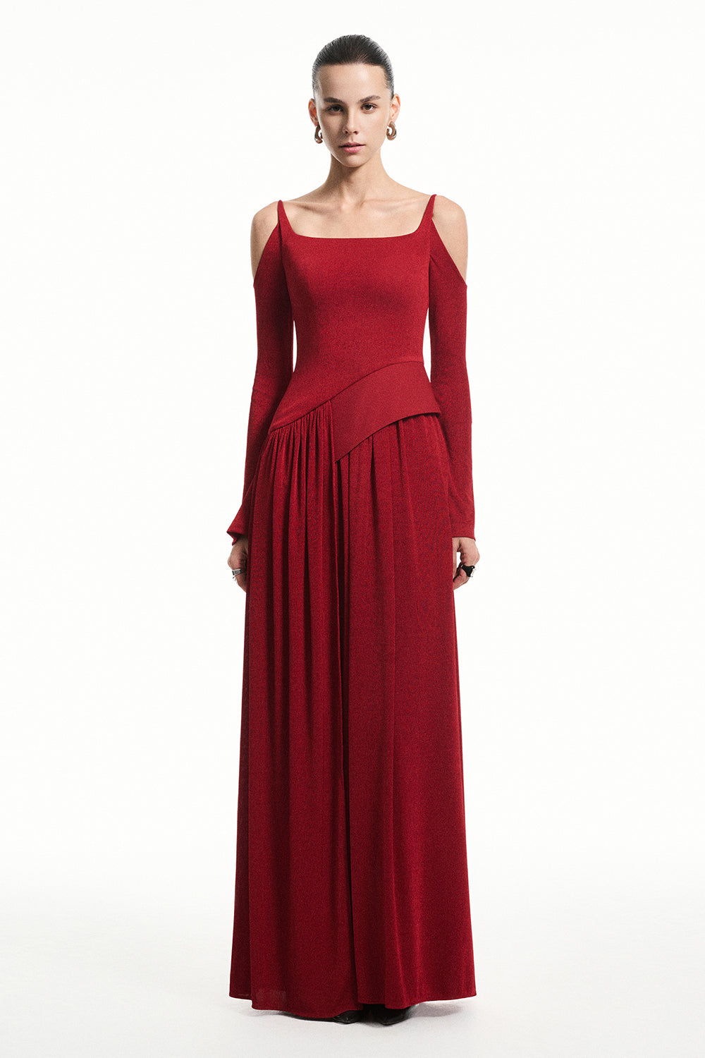 Women's Marivelle Cold Shoulder Sleeve Gathering Maxi Dress S/M/L/XL/Customize Black/Maroon MEAN BLVD Women's Marivelle Cold Shoulder Sleeve Gathering Maxi Dress S/M/L/XL/Customize Black/Maroon MEAN BLVD
