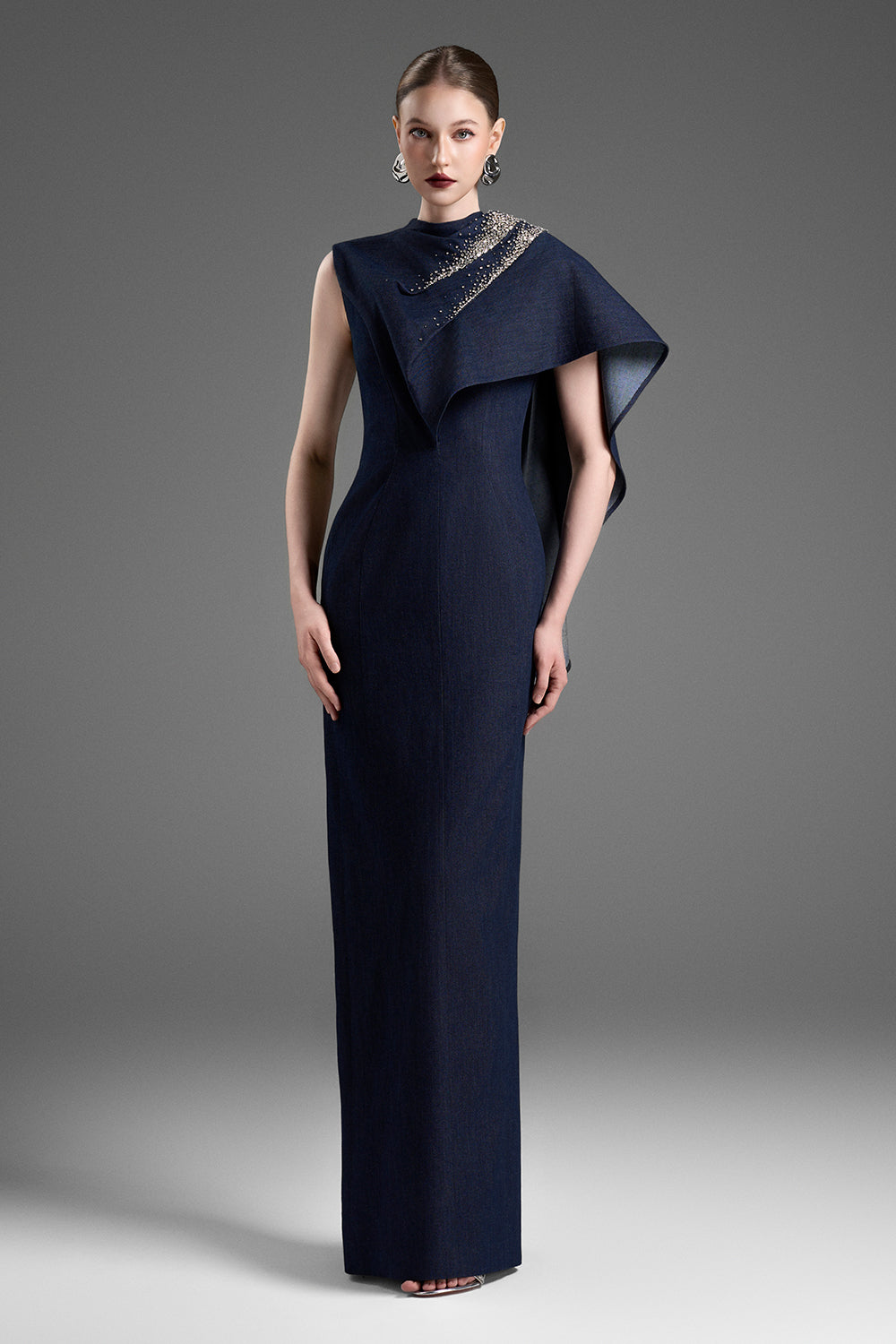 Women's Martina Asymmetric Sleeve Bead Maxi Dress  XXS/XS/S/M/L/XL/XXL/Customize Blue Depths MEAN BLVD