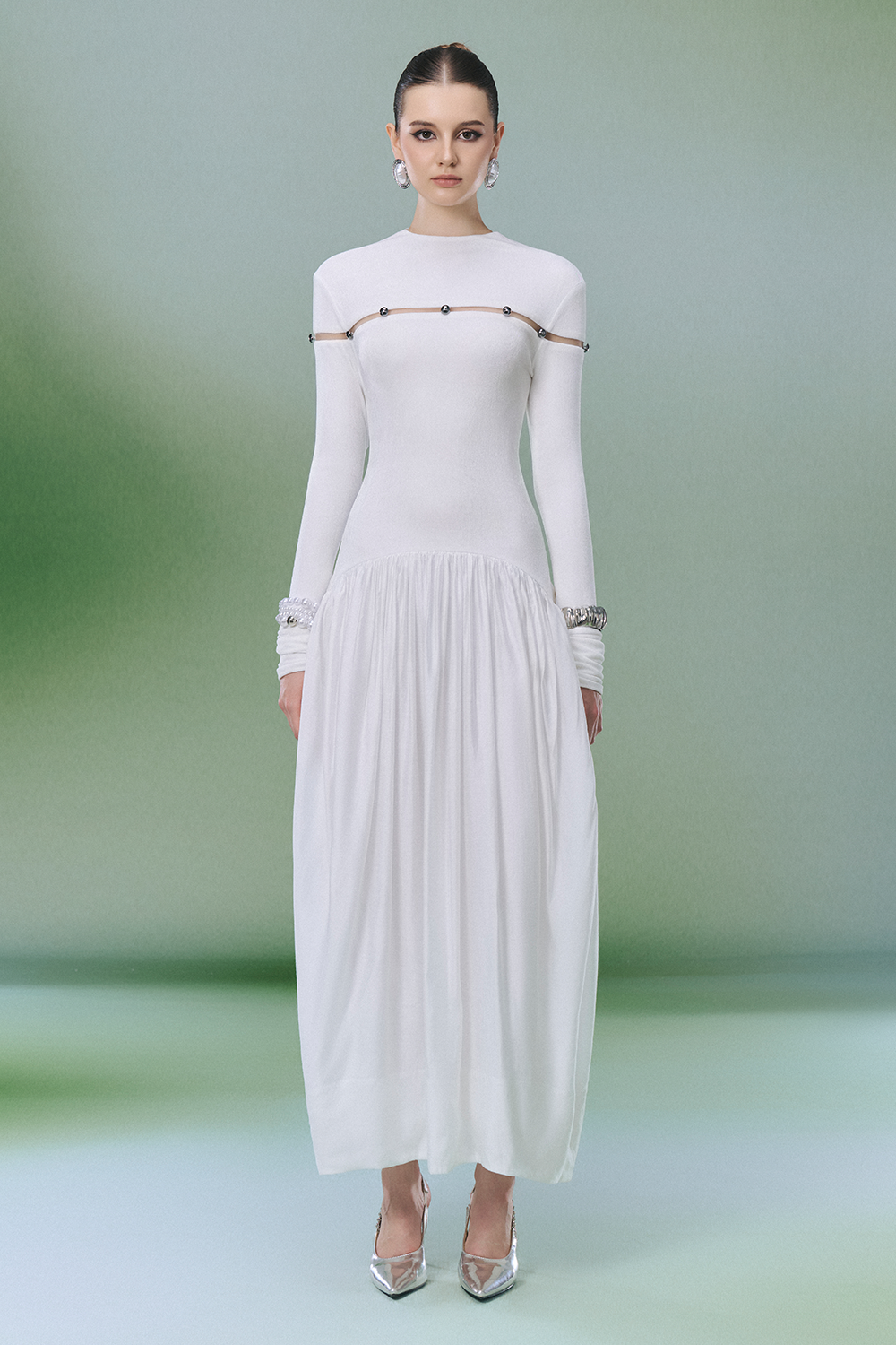 knee length dresses for ladies Drawstring Round Neck Long Sleeve Midi Dress main image 0