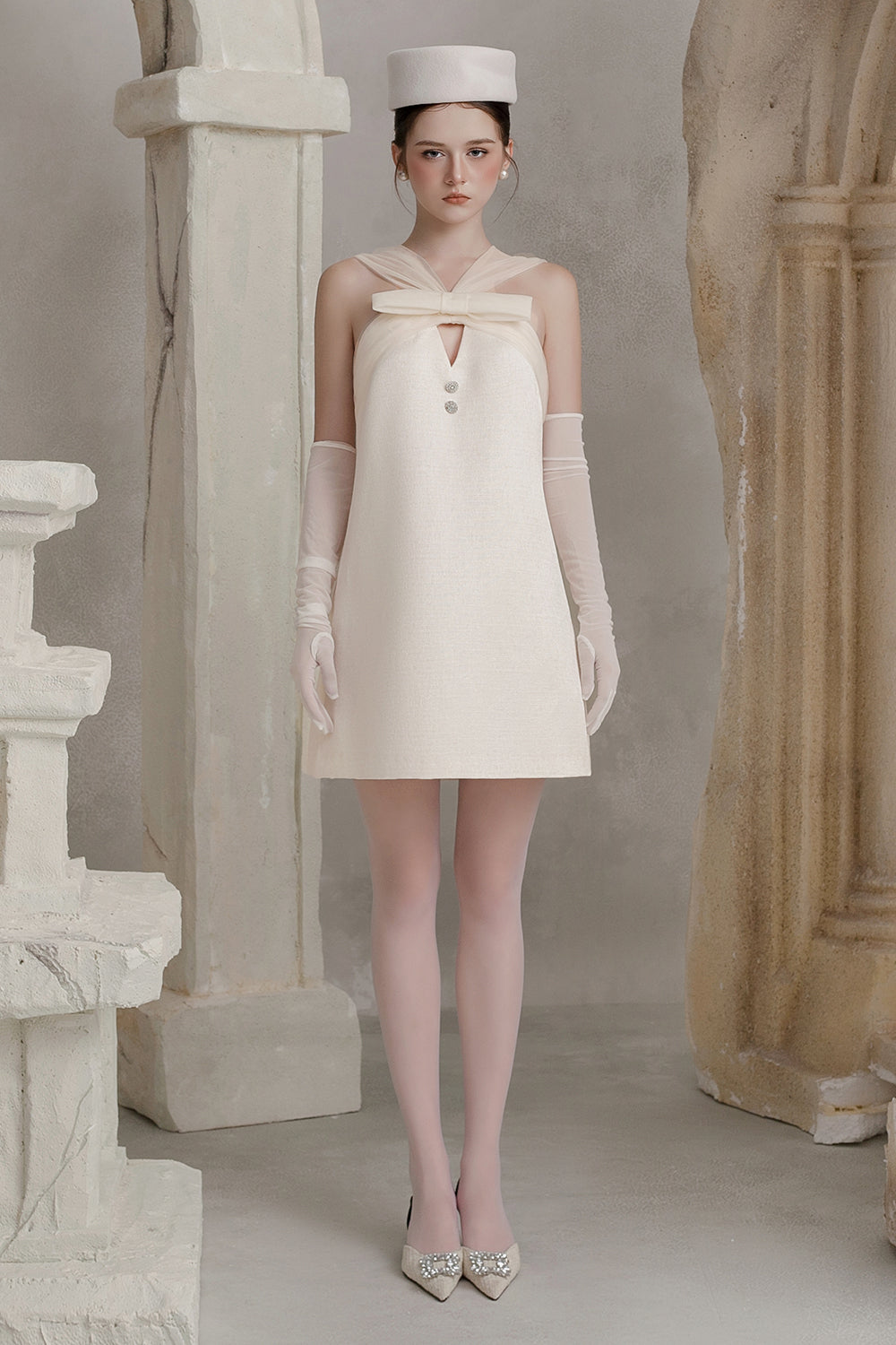 Women's Mina Crossover Ribbon Mini Dress XS/S/M/L/Customize Vanilla Cream  MEAN BLVD