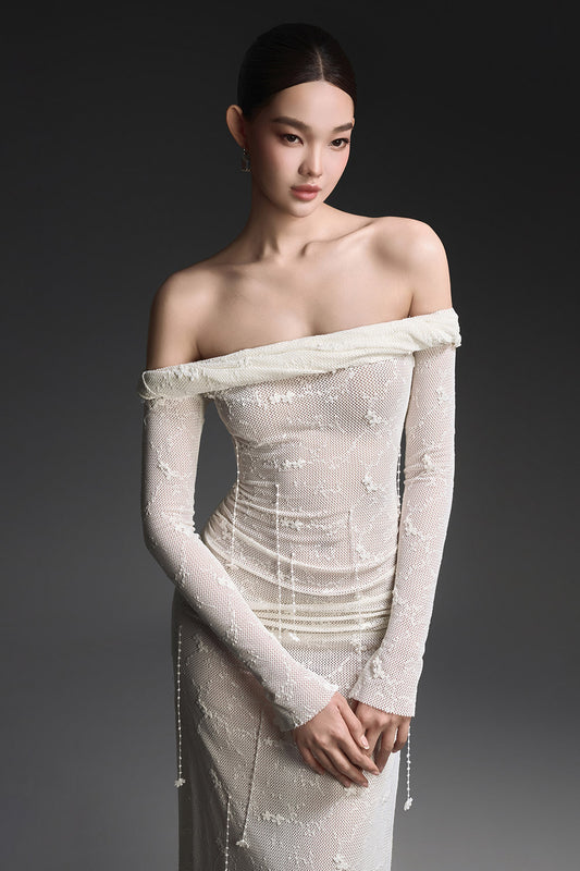 White Floral Beaded Off-shoulder Dress