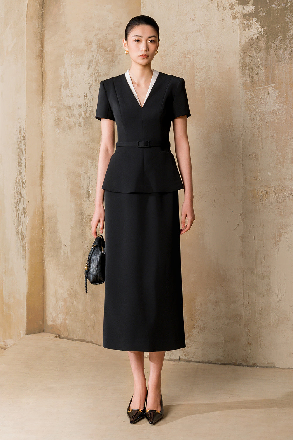 Women's Mora Peplum Midi Dress Black S/M/L MEAN BLVD Women's Mora Peplum Midi Dress Black S/M/L MEAN BLVD