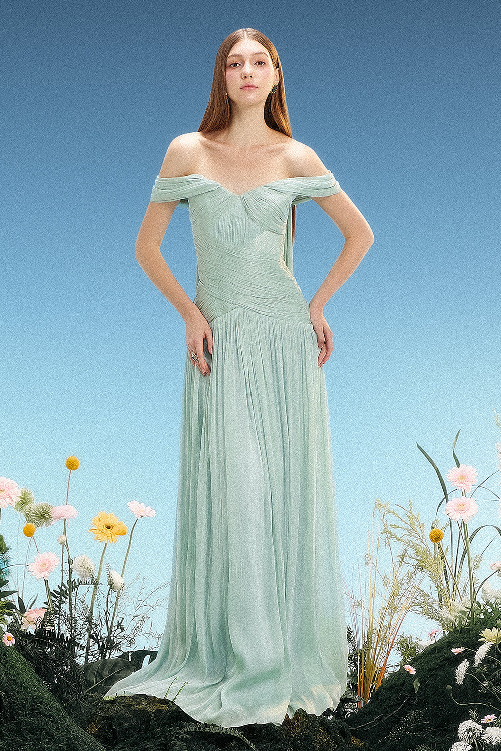 mint green off shoulder dress Morgane Off-Shoulder Maxi Dress