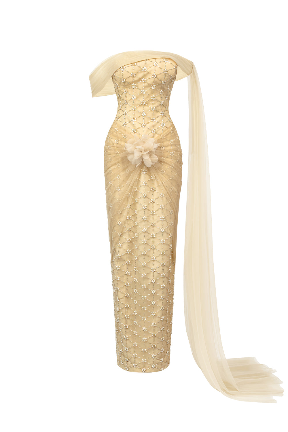 tan off the shoulder dress Women's Bridget Pegged Off-Shoulder Polyester Maxi Dress  XXS/XS/S/M/L/XL/XXL/3XL/Customize Tan Geometric MEAN BLVD