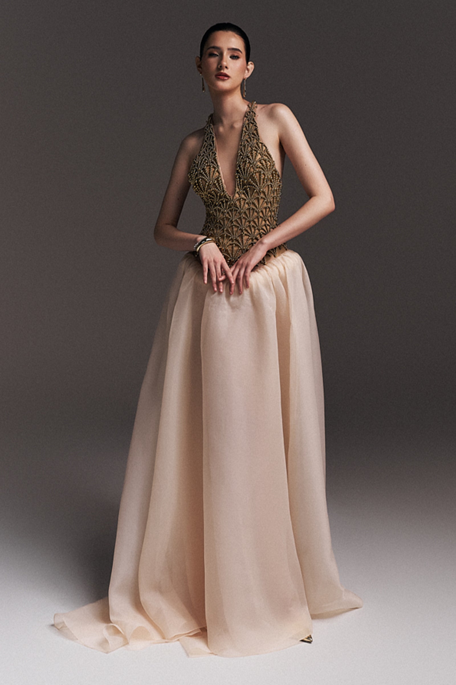 Women's Natalie Halter Bead Maxi Dress XS/S/M/L/Customize Rich Gold & White Smoke MEAN BLVD Women's Natalie Halter Bead Maxi Dress XS/S/M/L/Customize Rich Gold & White Smoke MEAN BLVD