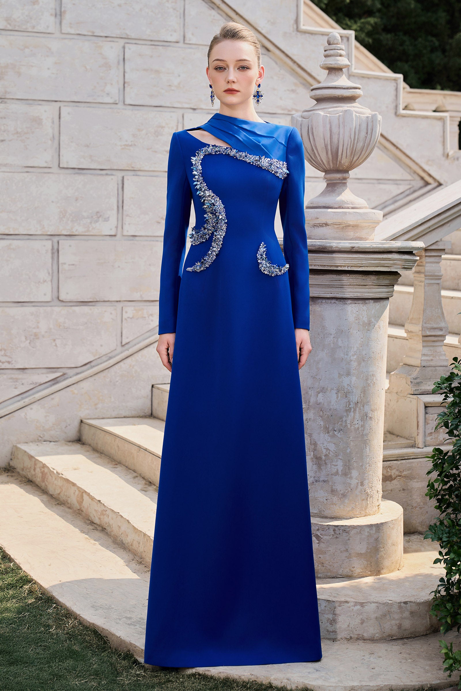 chiffon maxi dress wedding guest Sheath-Column Maxi Chiffon Wedding Guest Dress COCOMELODY CG0288, Ocean Blue