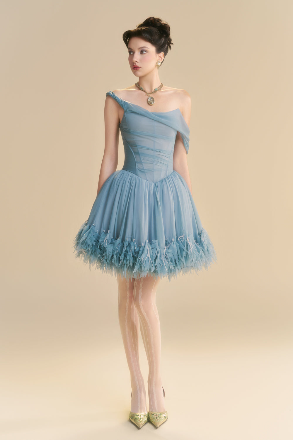 Women's Nuvielle Asymmetric Neck Feather Mini Dress XS/S/M/L/XL/Customize Lapis Blue MEAN BLVD Women's Nuvielle Asymmetric Neck Feather Mini Dress XS/S/M/L/XL/Customize Lapis Blue MEAN BLVD