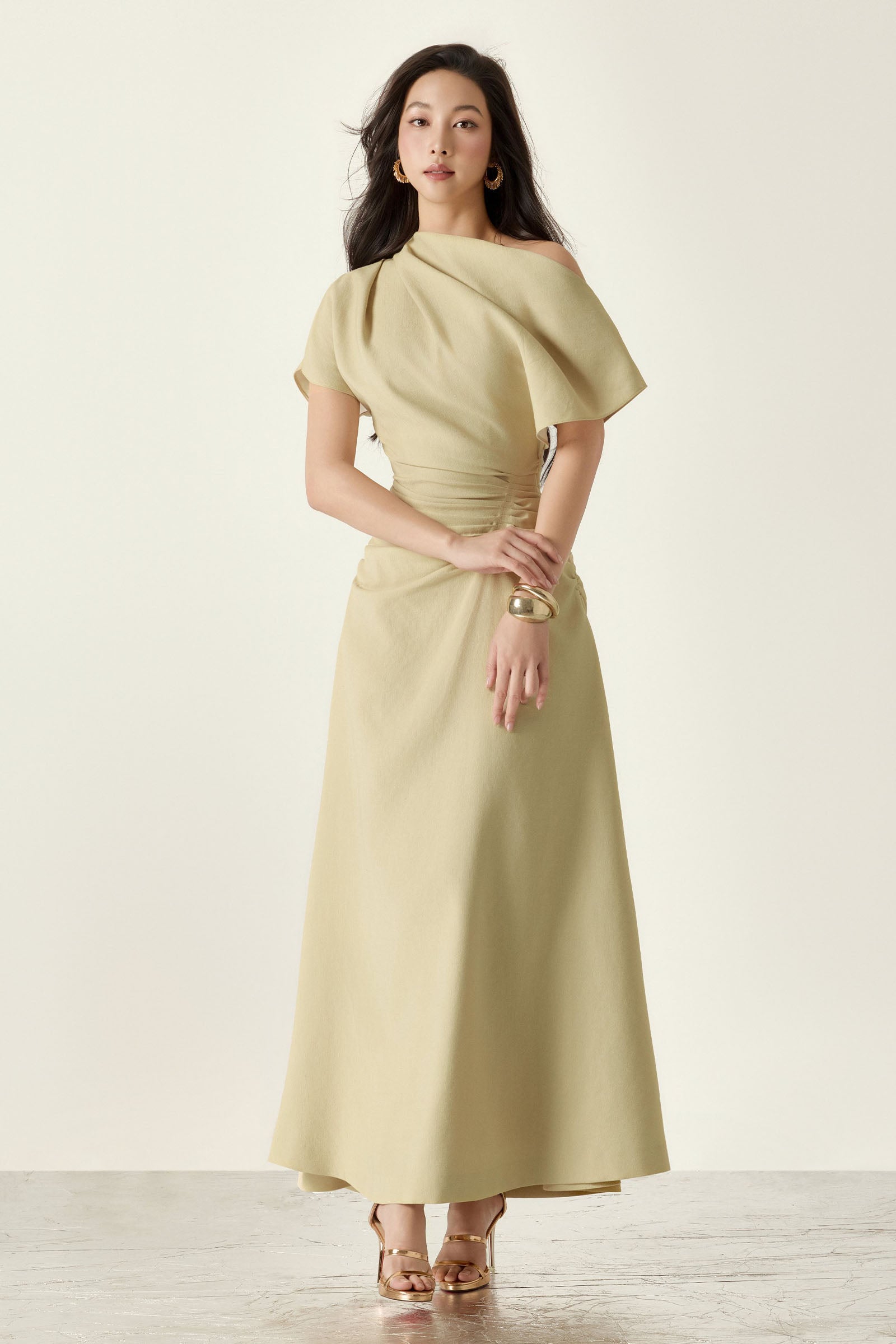 Women's Olivia Asymmetric Sleeve Maxi Dress Light Beige XS/S/M/L/XL/Customize MEAN BLVD Women's Olivia Asymmetric Sleeve Maxi Dress Light Beige XS/S/M/L/XL/Customize MEAN BLVD