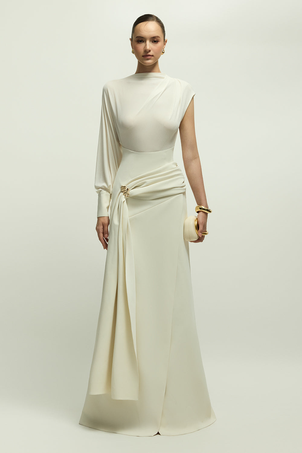 draped asymmetric maxi dress Women's Orlean Asymmetric Sleeve Draped Maxi Dress S/M/L/XL/XXL/Customize  Ivory MEAN BLVD
